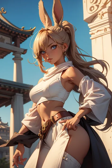 Bunny woman, rabbit woman, baggy pants, belt, blue eyes, tan skinned female, fingernails,, long pony tail, Viera, temple background, light brown hair, midriff , monk pose