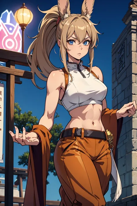 Bunny woman, rabbit woman, baggy pants, belt, blue eyes, tan skinned female, fingernails,, long pony tail, Viera, temple background, light brown hair, midriff , monk pose