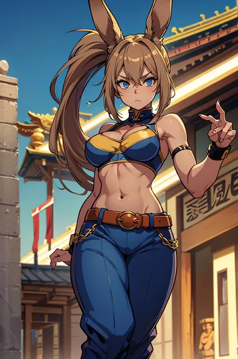 Bunny woman, rabbit woman, baggy pants, belt, blue eyes, tan skinned female, fingernails,, long pony tail, Viera, temple background, light brown hair, midriff , monk pose