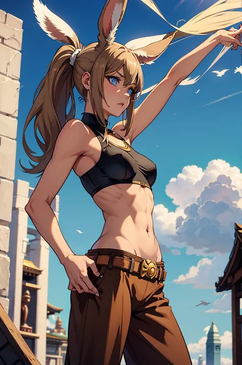 Bunny woman, rabbit woman, baggy pants, belt, blue eyes, tan skinned female, fingernails,, long pony tail, Viera, temple background, light brown hair, midriff , monk pose