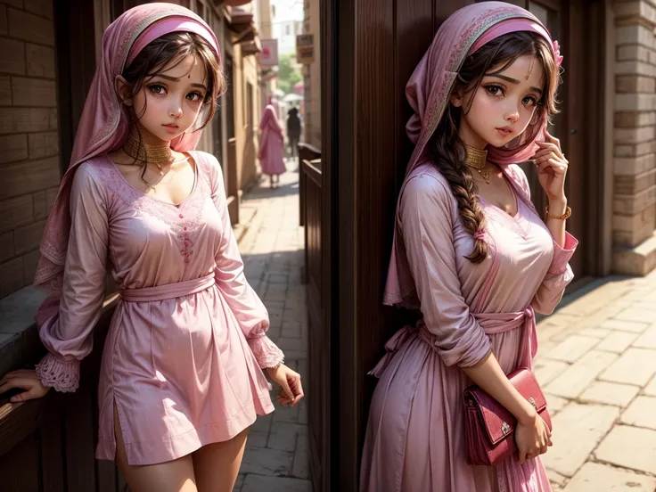 A beautiful girl wearing a pink mukena