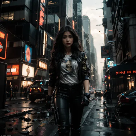 (Highest quality, Ultra HD, 16k, Masterpiece) A powerful girl Pooja Hegde walks confidently in front of her rugged, futuristic car amidst a chaotic and war-torn metropolis. The shot is a medium to long view, capturing her determined presence and the comple...