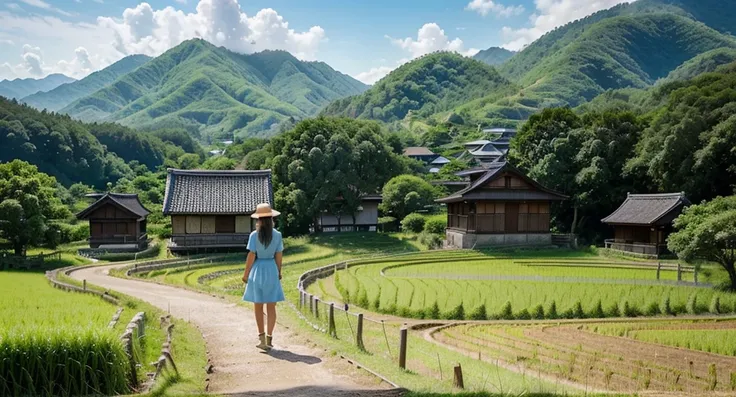 Create a picturesque rural landscape during the day, featuring a young woman in a light blue dress standing on a path that stretches into lush green rice fields. In the background, traditional Japanese wooden houses and green mountains are seen against a b...