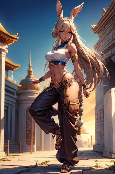 Bunny woman, rabbit woman, baggy pants, belt, blue eyes, tan skinned female, fingernails,, long pony tail, Viera, temple background, light brown hair, midriff , monk pose