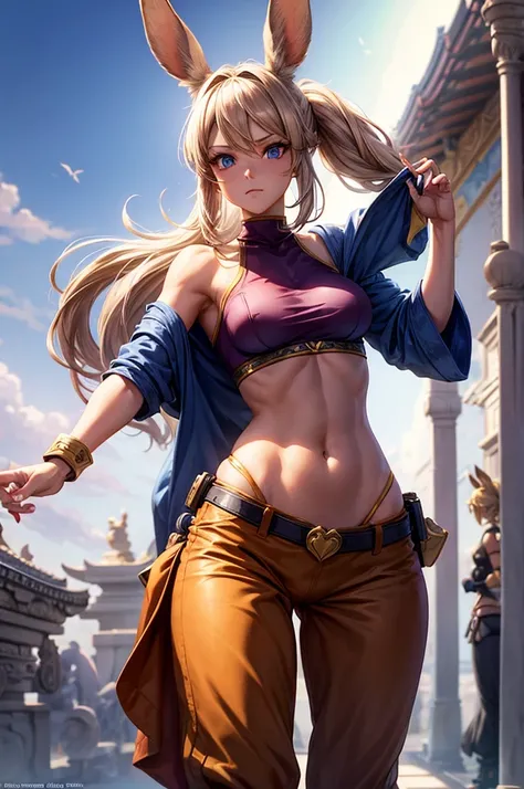 Bunny woman, rabbit woman, baggy pants, belt, blue eyes, tan skinned female, fingernails,, long pony tail, Viera, temple background, light brown hair, midriff , monk pose