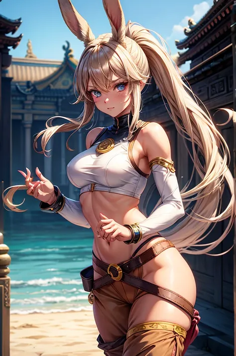 Bunny woman, rabbit woman, baggy pants, belt, blue eyes, tan skinned female, fingernails,, long pony tail, Viera, temple background, light brown hair, midriff , monk pose