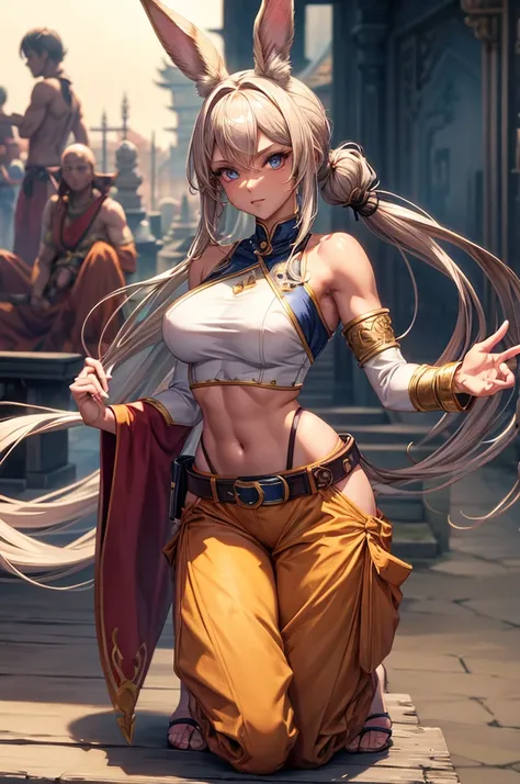 Bunny woman, rabbit woman, baggy pants, belt, blue eyes, tan skinned female, fingernails,, long pony tail, Viera, temple background, light brown hair, midriff , monk pose