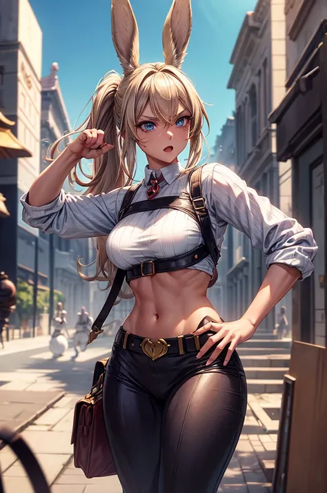 Bunny woman, rabbit woman, baggy pants, belt, blue eyes, tan skinned female, fingernails,, long pony tail, Viera, temple background, light brown hair, midriff , fighting pose