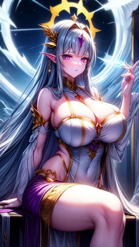 Immortal Goddess, Super cute, 8K, Super big breasts, meditation, Light white cloth covering part of the body, Sit cross-legged, círculo magic dourado brilhante girando atrás dela, magic violet aura surrounding her parts, magic, fantasy, Galaxy Background, ...