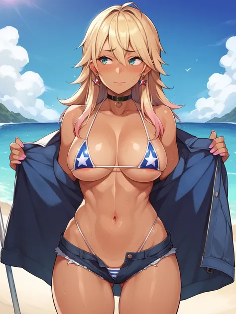 score_9, score_8_up, score_7_up, 1girl, solo, outdoors, beach, (micro bikini), flag microkini, american flag microkini, American flag, tomboy, shy, blush, gyaru, standing, choker, looking to the side, big breasts, wide hips, medium long hair, micro bikini ...