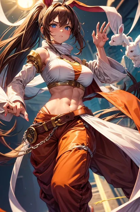 Bunny woman, rabbit woman, baggy pants, belt, blue eyes, tan skinned female, fingernails,, long pony tail, light brown hair, midriff , monk pose