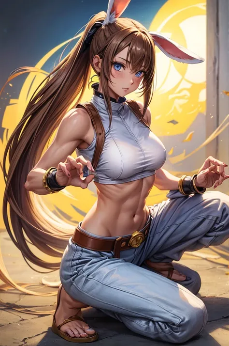 Bunny woman, rabbit woman, baggy pants, belt, blue eyes, tan skinned female, fingernails,, long pony tail, light brown hair, midriff , monk pose