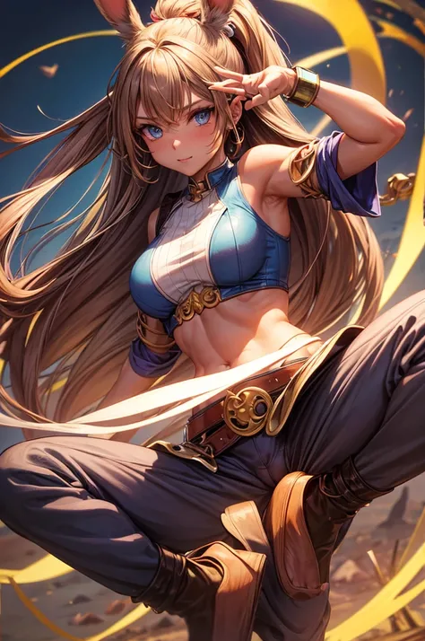 Bunny woman, rabbit woman, baggy pants, belt, blue eyes, tan skinned female, fingernails,, long pony tail, light brown hair, midriff , monk pose