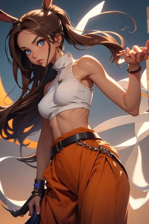 Bunny woman, rabbit woman, baggy pants, belt, blue eyes, tan skinned female, fingernails,, long pony tail, light brown hair, midriff , monk pose