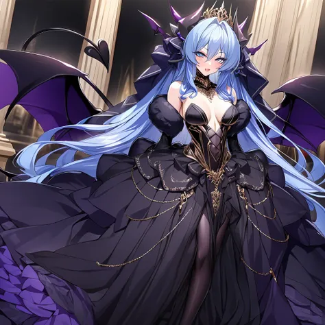 ((Highest quality)), ((masterpiece)), (detailed), （Perfect Face）、The woman was a beautiful, jet-black archdemon with jet-black skin, the evil queen of the demon world, Devil Queen Extia, with medium-long blue hair, wearing a gorgeous black wedding dress wi...