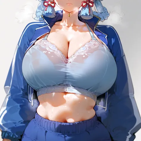 score_9, score_8_up, score_7_up, score_6_up, score_5_up, score_4_up, 1girl, kamisato Ayaka (genshin_impact), genshin_impact, large breasts, collarbone, breasts focus, floox style,   jacket,, open clothes, light blue jacket, light blue track suit,, sportswe...