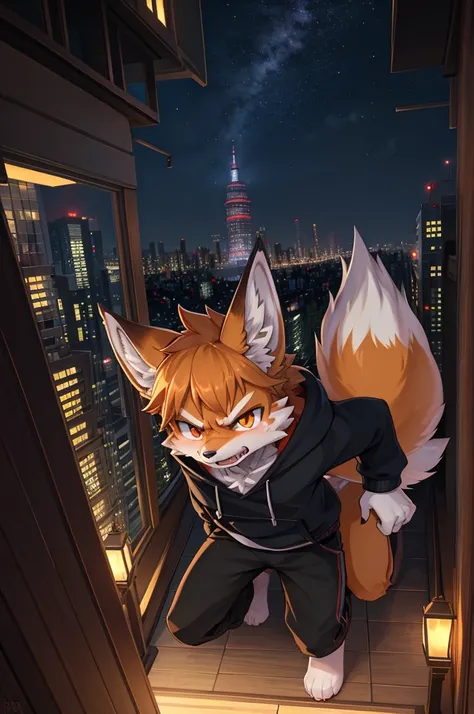 fox boy,Hoodie outfit,angry,Intimidation,8k resolution,high resolution,最high resolution,Its dark outside,View from the veranda,Big city with skyscrapers！！！The cityscape of Tokyo？