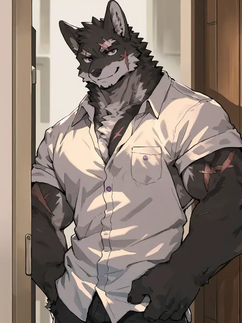 embedding:black wolf, male,purple eyes,Scar on the face, scar on the body,Single person，The fur on the chest and abdomen is white.Gang boss,Tattoo,A casual shirt,Robust,Leaning against the door,smile，Maturity,The highest quality of scene detail,adult,Tall ...