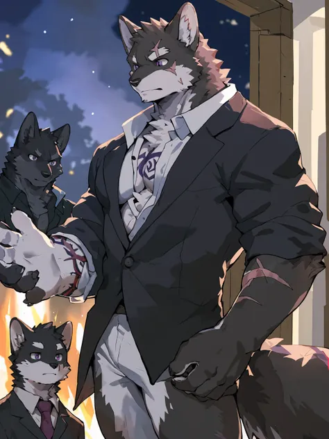 embedding:black wolf, male,purple eyes,Scar on the face, scar on the body,Single person，The fur on the chest and abdomen is white.Gang boss,Tattoo，Formal clothes, handsome,Amazed,Dark night,Shocked,Droop ones ears，Maturity,The highest quality of scene deta...