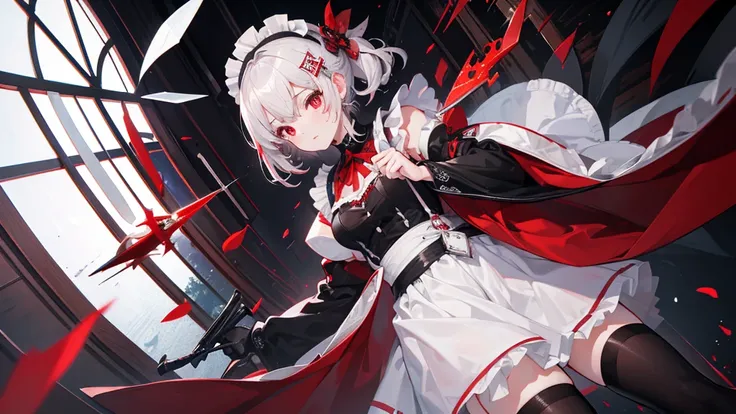 (Highest quality)　(4K)　(8k)　(High resolution)　(masterpiece:1.2)　(Super detailed)　One girl　Red eyes　IzayoiSakuya　Hold the knife　Serious　Maid clothes