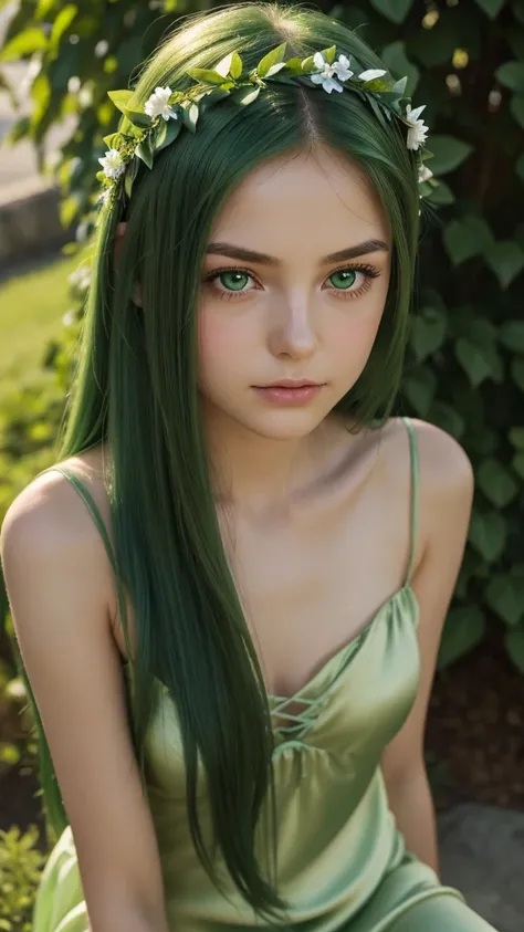 a girl.  face sent feeling.  Europe.  Oval face.  long face.  delicate facial features. Beautiful Eyes Downcast.  seductively seductive.  green eyes.  long straight hair.  green hair.  wreath on head.  Sad.  shy.  green silk nightgown.  shy sitting posture...