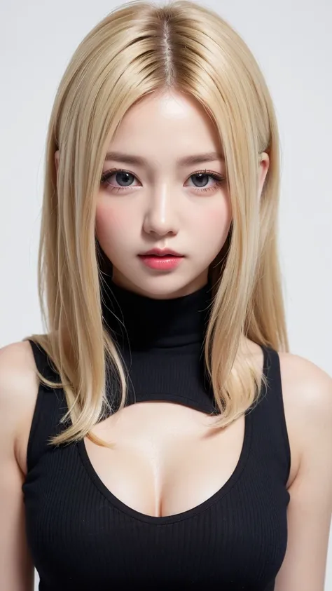 (((forehead、Northern Europe、White、beautiful girl、ホワイトblonde、Blonde、White Background、High neck sleeveless、cute、young、True Face、Shiny Hair、whole body)))、Tabletop, Highest quality, shape, Very detailed, finely, High resolution, 8k wallpaper, Perfect dynamic c...