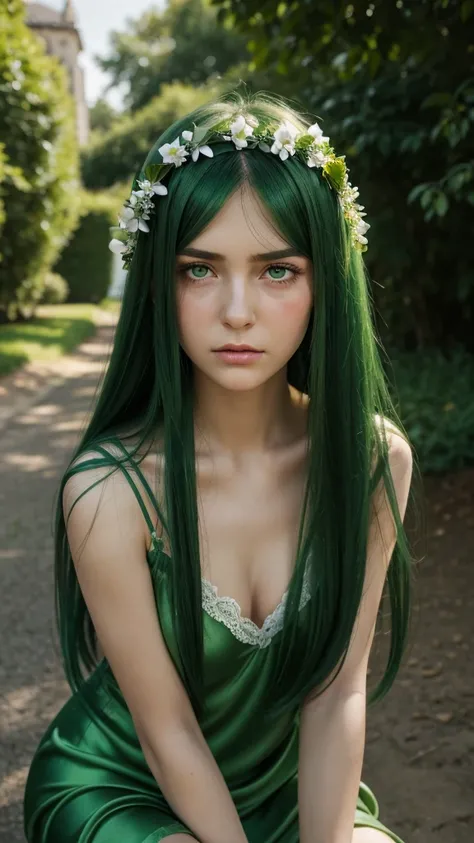 a girl.  face sent feeling.  Europe.  Oval face.  long face.  delicate facial features.  seductively seductive.  green eyes.  long straight hair.  green hair.  wreath on head.  Sad.  angry.  cry.  shy.  green silk nightgown.  shy sitting posture.  straight...