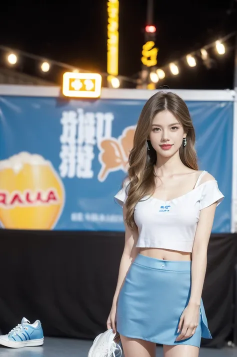 (((best quality))),(((ultra detailed))),(((masterpiece))),illustration,((a beautiful girl,solo)),(shoulder length straight hair:1.2),((slim,thin)),((small breasts,flat chest,cleavage,navel)),(blue short-sleeved white shirt:1.5),(blue mini-skirt:1.3),(slend...