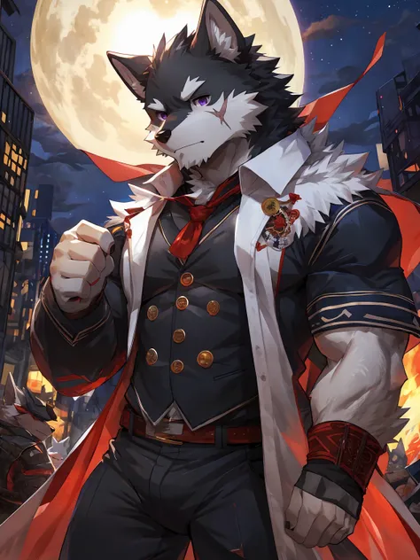 embedding:black wolf, male,purple eyes,Scar on the face, scar on the body,Single person，The fur on the chest and abdomen is white.Gang boss,Tattoo，Formal clothes, handsome,Amazed,Dark night,Shocked,Droop ones ears，Maturity,The highest quality of scene deta...