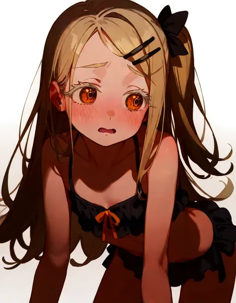 Highest quality, masterpiece, No correction, Beark 1 dhibi girl,shinosawa hiro,thin,Orange eyes,White eyelashes,Blonde,Long Hair,Hair Clip,flat chest,white background,frilled bikini,black bikini,chestnut mouth,embarrassed,side ponytail,looking to the side,...