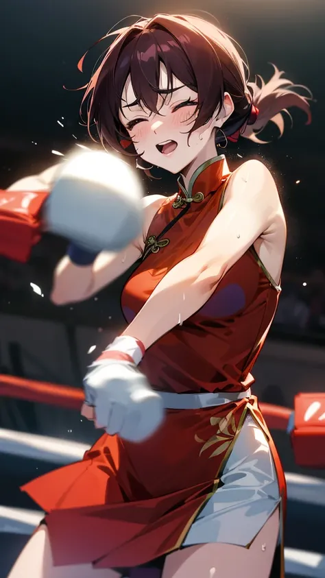 Boxing action A woman wearing a Chinese dress is boxing in the ring. The woman on the right hits the woman on the left in the cheek... The woman on the left, Akane Kurokawa, has her right eye closed., opening her mouth, and sweat.