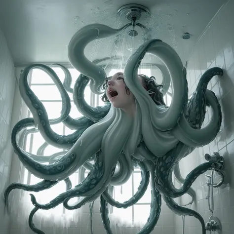 An amorphous beast with tentacles stalks a girl distractedly showering in a communal shower from the ceiling.. 