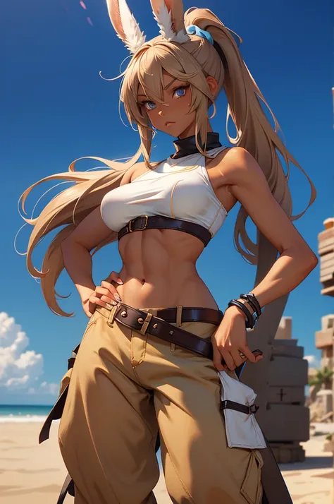 Bunny woman, rabbit woman, baggy pants, belt, blue eyes, tan skinned female, tanned, tan skin fingernails,, long pony tail, light brown hair, midriff