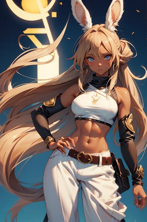 Bunny woman, rabbit woman, baggy pants, belt, blue eyes, tan skinned female, tanned, tan skin fingernails,, long pony tail, light brown hair, midriff