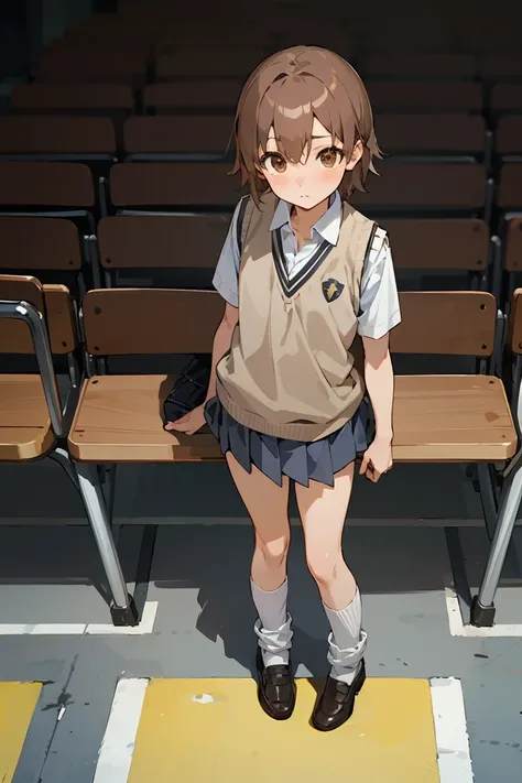  masterpiece,Highest quality, superior_Mikoto,alone, Brown eyes, short_hair, small_chest, Looking at the audience　Student uniforms, tokiwadai_School_uniform, White shirt, Sweater vest, Grey mini skirt, , White loose socks, shoes, Are standing、