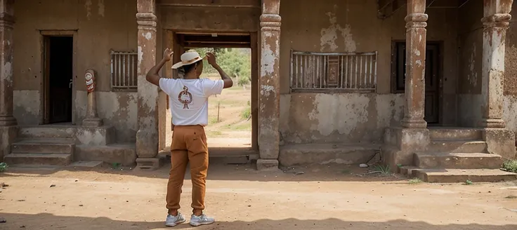 A man was standing on a dirt road. He wore a large white t-shirt. orange quarter pants and red basketball shoes along with wearing a cream-colored hat to protect from the sun He raised one hand to shield his face from the sun to look ahead. The background ...