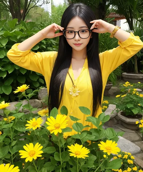 goddess　Glasses　Yellow flower garden　Good luck　Feng Shui　clear々Shii　Feel good　Long black hair