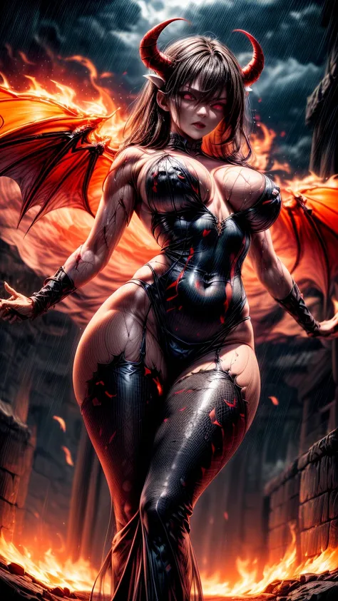 Cinematic effects, raining blood, from below, masterpiece, highest quality, dragonlady queen, perfect demoness, long legs, hourglass figure, curvy hips, perfect eyes, detailed eyes (1.4), slashed up body, cuts and deep wound on body, scars on face, villain...