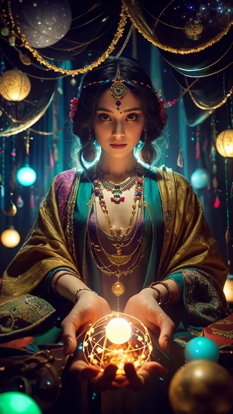 (best quality,highres),mysterious and goddess-like fortune teller, surrounded by swirling lights and shadows in a room that resembles the vastness of the universe. She wears multiple layers of circlets and necklaces, with her hands gently hovering over a l...