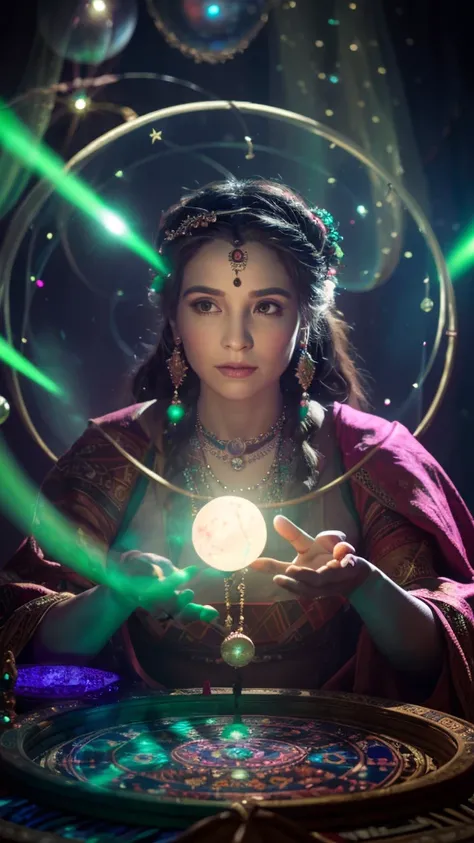 (best quality,highres),mysterious and goddess-like fortune teller, surrounded by swirling lights and shadows in a room that resembles the vastness of the universe. She wears multiple layers of circlets and necklaces, with her hands gently hovering over a l...