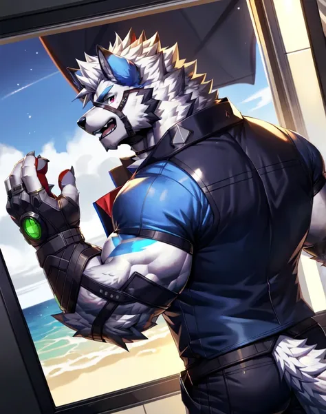 solo, anthro, furry, furry male, wolf, ((fluffy fur, fluffy, furry body)), (wolf print), red eyes, hair tuft, long hair, (light blue body, blue body, muscles), wolf tail, ((white hair, mohawk hair)), (white muzzle, white forearms), Camera Recording POV, Ca...