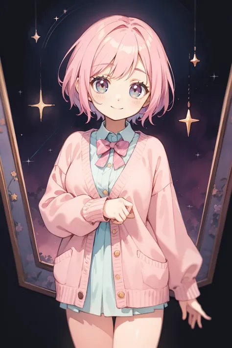 masterpiece, high quality, Anime Style, Chibi Character, watercolor style, Soft colors, breast enhancement, Berry Short, A kind smile, Big Eyes, Pale pink cardigan, Tarot Cards, Moonlight and starlight background, Pastel yellow and pink light, Dreamy atmos...