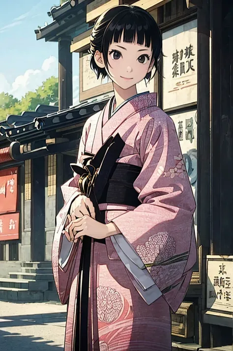 (masterpiece, Highest quality, detailed:1.3),(photograph:1.3), HD transparent background, Attention to detail,cute,One Girl, cute表情, smile,、Sparkling eyes,The audience watching,(small),smile, Perfect Face、Town、Outdoor,Black Hair、Japanese women、kimono、kimon...