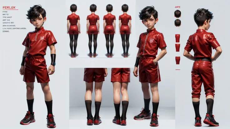 cute face boy, cute face, short height boy, wearing casual futuristic red color pent, red dress, full standing pose, Butch Cut hairs, Butch Cut style hair, black hairs, sports shoes, Character Sheet, 12 yo student, Full body, Simple white background, front...