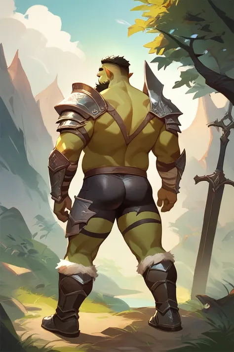 score_9, score_8_up, score_7_up, solo, male focus, chubby male, orc, green skin, tusks, beard, outdoors, micro armor , shoulder armor, breastplate, day, armor boots , (( damaged black micro tight shorts )) , full body , ass , backside , back side