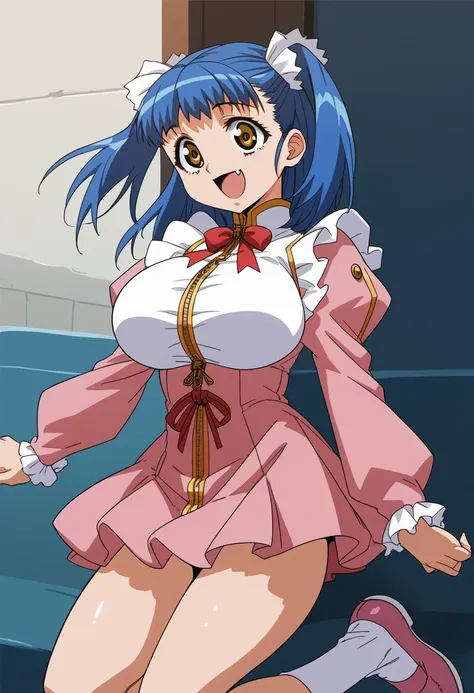 (Tuile(gravion),huge breasts,blue hair,yerrow eyes,twintail,two side up),(white shirt,white frill,red ribbon,red waist ribbon,gold zipper,gold bottun,pink mini skirt,Pink sleeves,Pink Shoes、white frill wrist,White socks),smile,open mouth,fang