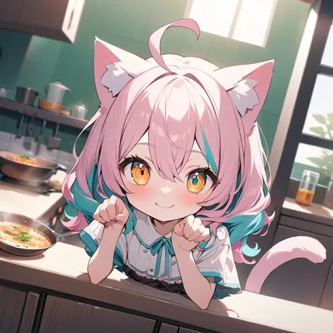 masterpiece, best quality, beautiful, 8K, highres, ,1girl, kemono, delightful, smiling,looking at viewer, medium hair, wave hair, hair between eyes, ahoge,twintails, wavy hair, shiny hair,pastel pink hair,aqua hair,colored inner hair, streaked hair, colore...