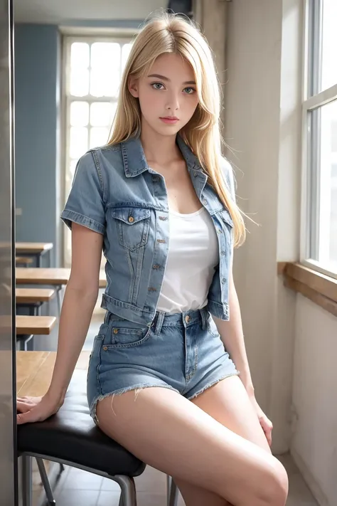 une femmes blonde de 18 ans sexy et mince , short sleeve veste en jean, salle de classe, se touche,position sey,sensuel