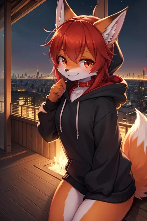 Fox Girl,Hoodie outfit,8k resolution,high resolution,最high resolution,Its dark outside,View from the veranda,Big city with skyscrapers！！！The cityscape of Tokyo？smile,Red collar