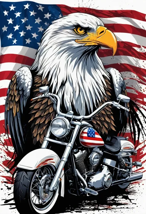 t-shirt designs, create a menacing white t-shirt with a full-length moto harley, background with american flag and an eagle embl...